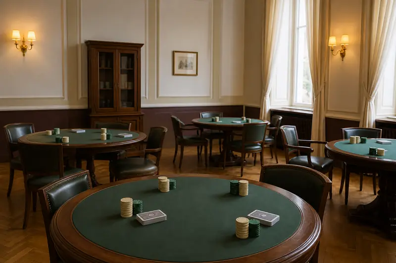 Zárt játéklub üres asztalokkal és kártyapaklikkal